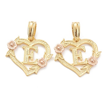 Real 18K Gold Plated Brass  Pendants, Heart with Alphabet, Letter.E, 18x20x3mm, Hole: 6.5x3mm