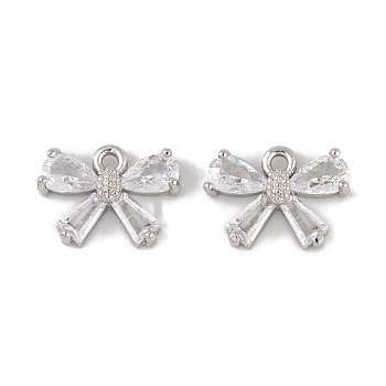 Brass Micro Pave Clear Cubic Zirconia Charms, Long-Lasting Plated, Bowknot, Platinum, 8.5x11.5x3mm, Hole: 1mm