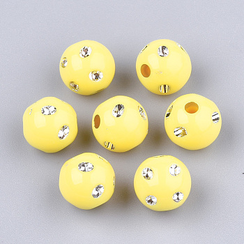 Plating Acrylic Beads, Metal Enlaced, Round, Yellow, 9~10x9mm, Hole: 2mm, about 1000pcs/500g