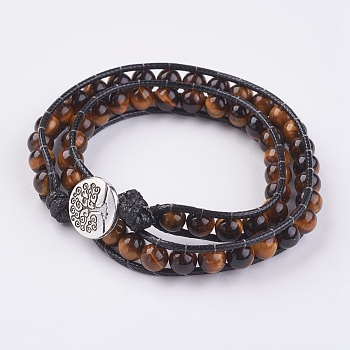 Natural Tiger Eye Wrap Bracelet, with Tibetan Style Clasps, Tree of Life, Two Loops, 15-1/8 inch(38.5cm)