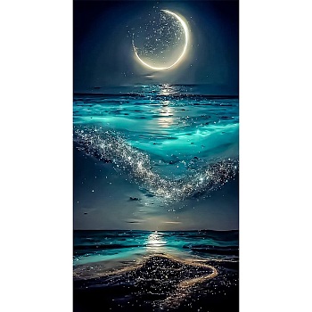 Fancy Night Sky Moon Ocean Scenery DIY Diamond Painting Kit, Including Resin Rhinestones Bag, Diamond Sticky Pen, Tray Plate & Glue Clay, Teal, 700x400mm