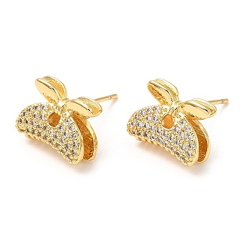 Rack Plating Brass Hair Clip Shape Stud Earrings with Cubic Zirconia, Lead Free & Cadmium Free, Real 18K Gold Plated, 10.5x13mm