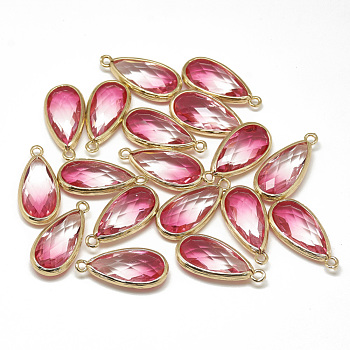 Glass Pendants, with Golden Tone Brass Findings, Faceted, teardrop, Hot Pink, 25x12x5.5mm, Hole: 1.5mm