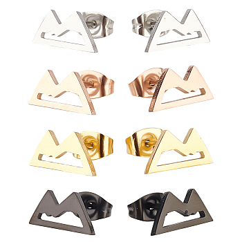 4 Pair 4 Colors Stainless Ssteel Hollow Out Mountain Stud Earrings for Women, Mixed Color, 6x11mm, Pin: 0.7mm, 1 Pair/color