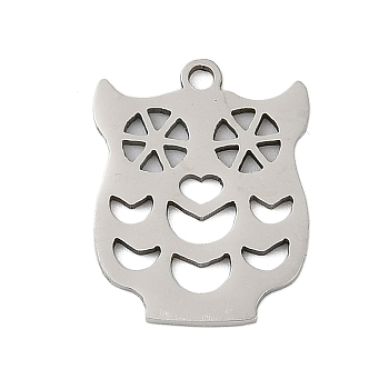 201 Stainless Steel Pendants, Owl Charms, Stainless Steel Color, 17x13.5x1mm, Hole: 1.4mm