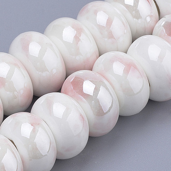 Handmade Porcelain Beads, Fancy Antique Glazed Style, Pearlized, Rondelle, Pink, 14x6~7mm, Hole: 5~6mm