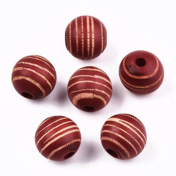 Painted Natural Wood Beads, Laser Engraved Pattern, Round with Zebra-Stripe, FireBrick, 15.5~16.5x15mm, Hole: 4mm