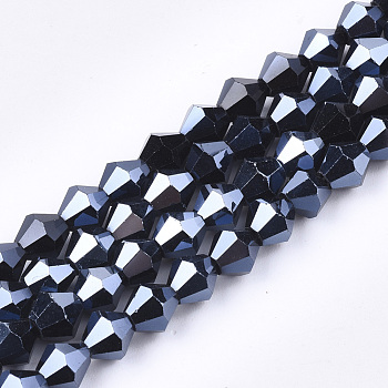 Electroplate Glass Beads Strands, Pearl Luster Plated, Faceted, Bicone, Black, 6x5.5~6mm, Hole: 1mm, about 44~47pcs/strand, 24.5~25cm