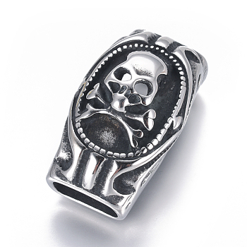 304 Stainless Slide Charms, Rectangle with Skull, Antique Silver, 35.5x20.5x18.5mm, Hole: 6.5x14mm