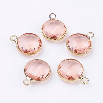Golden Tone Brass Glass Flat Round Charms, Faceted, PeachPuff, 14x10.5x5mm, Hole: 1.5mm