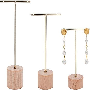 Iron Earring Display Stands, with Wooden Base, Flat Round, Golden, 39x70x117mm