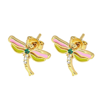 Dragonfly Real 18K Gold Plated Brass Stud Earrings, with Enamel and Cubic Zirconia, Pink, 9.5x13.5mm