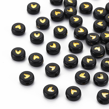 Opaque Acrylic Beads, Flat Round with Heart, Goldenrod, 7x4mm, Hole: 1.8mm, about 390pcs/50g