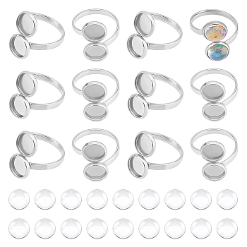 DIY Flat Round Blank Dome Cuff Ring Making Kit, Including 304 Stainless Steel Open Ring Settings, Glass Cabochons, Stainless Steel Color, 60Pcs/box