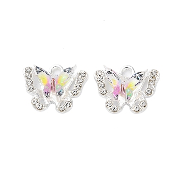 Rack Plating Alloy Pendants, with Rhinestone and Resin, Butterfly, Colorful, 14x17x5mm, Hole: 2mm