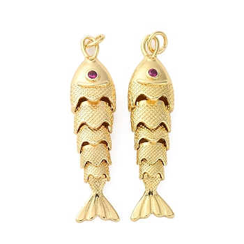 Rack Plating Brass Micro Pave Cubic Zirconia Pendants, Sardine Fish Charms, Long-Lasting Plated, Lead Free & Cadmium Free, Real 18K Gold Plated, 41x10x7mm, Hole: 3.5x2mm