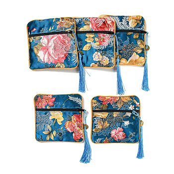 Chinese Style Floral Cloth Jewelry Storage Zipper Pouches, Square Jewelry Gift Case with Tassel, for Bracelets, Earrings, Rings, Random Pattern, Steel Blue, 115x115x7mm