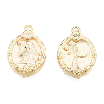 Brass Pendants, Nickel Free, Oval with Mermaid, Real 18K Gold Plated, 18.5x12.5x3.5mm, Hole: 1.4mm