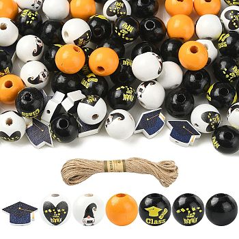 Graduation Season Theme DIY Round Natural Wood Beads & Jute Cord Pendant Making Kits, Mixed Color, 12.5~16x12.5~19.5mm, Hole: 2.5~4mm, 100pcs