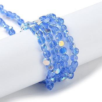 Transparent Electroplate Glass Beads Strands, AB Color Plated, Faceted, Flat Round, Cornflower Blue, 4x4x2.5mm, Hole: 1.1mm, about 145~155pcs/strand, 20.08''~21.65''(51~55cm)
