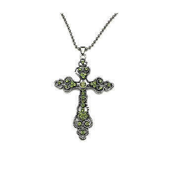 Cross Zinc Alloy Pendant Necklace, with Rhinestone, Olivine, 27.56 inch(70cm)