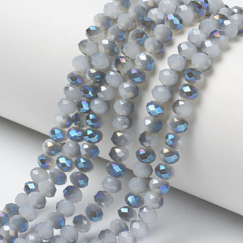 Electroplate Glass Beads Strands, Imitation Jade Beads, Half Plated, Blue Plated, Faceted, Rondelle, Light Blue, 6x5mm, Hole: 1mm, about 85~88pcs/strand, 16.1~16.5 inch(41~42cm)