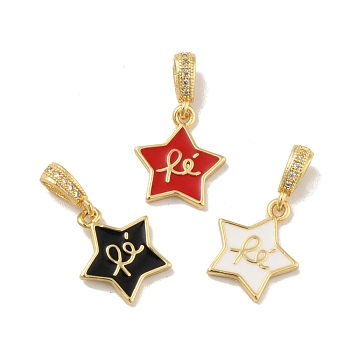 Brass Micro Pave Cubic Zirconia Pendants, with Enamel, Cadmium Free & Lead Free, Long-Lasting Plated, Star with Word Re, Real 18K Gold Plated, Mixed Color, 14x12x2mm, Hole: 3.5x2mm