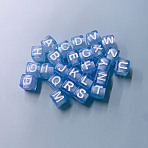 Transparent Acrylic Beads, Cube with Letter, Cornflower Blue, Letter A, 7x7mm, Hole: 3.5mm(TACR-TAC0003-05A-01)