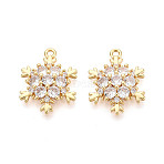 Brass Micro Pave Clear Cubic Zirconia Pendants, Snowflake, Real 18K Gold Plated, 19x15x3mm, Hole: 1.2mm(X-ZIRC-S068-046-NF)