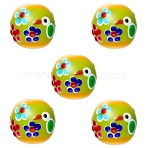 5Pcs Handmade Lampwork Beads, Round with Bird & Flower, Gold, 16~16.5x15.5~16mm, Hole: 2.5~2.6mm(LAMP-SZ0001-48B)