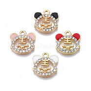 Alloy Enamel Charms, with Crystal Rhinestone, Cadmium Free & Nickel Free & Lead Free, Light Gold, Tiger Head with Chinese Character King, Mixed Color, 14x14.5x2.5mm, Hole: 1.6mm(PALLOY-N170-011-NR)