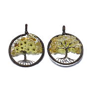 Natural Citrine Pendants, with Acrylic and Brass Findings, Flat Round with Tree of Life, 59x47~47.5x9.5~10mm, Hole: 4mm(G-E529-A05)