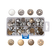 Iron Button Pins for Jeans, Garment Accessories, Flat Round with Pattern, Mixed Color, 6pattern, 17x7.5mm, Hole: 1.8mm, Pin: 7.5x8mm, Knob: 2.5mm, 80set/box(BUTT-YW0001-01A)