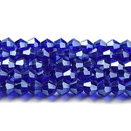 Transparent Electroplate Glass Beads Strands, Pearl Luster Plated, Faceted, Bicone, Dark Blue, 6x6mm, Hole: 1mm, about 45~47pcs/strand, 9.65~9.84 inch(24.5~25cm)(EGLA-A039-T6mm-A06)