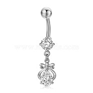 Piercing Jewelry, Eco-Friendly Brass Cubic Zirciona Navel Ring, Belly Rings, with Stainless Steel Bar, Teardrop with Bowknot, Clear, 39mm, Pendant: 17x9mm, Pin: 1.5mm(AJEW-EE0006-58A-P)