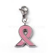 316 Surgical Stainless Steel Enamel Pendants, Breast Cancer October Breast Cancer Pink Awareness Ribbon, with Words, Pink, 20x15x2.5mm, Hole: 3.5mm(STAS-L184-050)