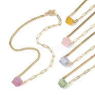 Electroplated Natural Quartz Hexagon Prism Pendant Necklaces, Brass Paperclip Chain & Cuban Link Chain Necklaces, Golden, Mixed Color, 17.72 inch(45cm)(NJEW-JN04996)