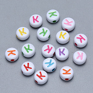 Craft Acrylic Horizontal Hole Letter Beads, Flat Round, Mixed Color, Letter.K, 7x3.5~4mm, Hole: 1.5mm, about 3600pcs/500g(SACR-S201-11K)