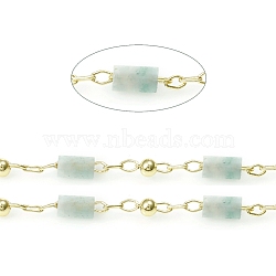 Handmade Natural Amazonite Beaded Chains, Real 18K Gold Plated Plated Brass Chains, Soldered, with Spool, Long-Lasting Plated, 4~5x2~2.5mm, Beads: 2mm, Link: 2x1x0.2mm and 2x1.5x0.2mm, about 32.8 Feet(10m)/roll(CHC-E021-01C)