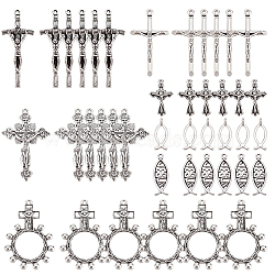 42Pcs 7 Style Tibetan Style Alloy Links Pendants and Pendants, Cross & Crucifix Cross & Jesus & Jesus Fish, Antique Silver, 20~49x8~32x2~6mm, Hole: 1~2mm, 6pcs/style(DIY-NB0007-70)