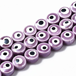 Handmade Porcelain Ceramic Beads Strands, Bright Glazed Porcelain, Flat Round with Evil Eye, Medium Orchid, 8x5mm, Hole: 1.5mm, about 40pcs/strand, 12.01 inch(30.5cm)(PORC-T006-04F)