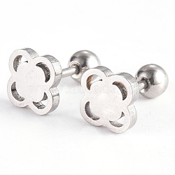 Tarnish Resistant 201 Stainless Steel Flower Barbell Cartilage Earrings, Screw Back Earrings, with 304 Stainless Steel Pins, Stainless Steel Color, 7x7x2mm, Pin: 1mm(EJEW-R147-15)