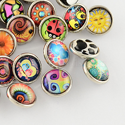 Brass Buttons, Jewelry Snap Buttons, with Glass Cabochon, Flat Round, Platinum Metal Color, Mixed Color, 12x7mm, Knob: 4.5mm(GLAA-S049-M)