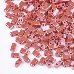 2-Hole Opaque Glass Seed Beads, Lustered, Rectangle, FireBrick, 4.5~5.5x2x2~2.5mm, Hole: 0.5~0.8mm(SEED-S023-06J)