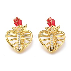 Brass Micro Pave Clear Cubic Zirconia Pendants, with Red Enamel, Long-Lasting Plated, Heart with Rose, Real 18K Gold Plated, 23x17x3.5mm, Hole: 4x2mm(KK-P190-04G)