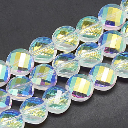 Electroplate Glass Beads Strands, Rainbow Plated, Faceted, Flat Round, Yellow, 8x5mm, Hole: 1.2mm, about 69~72pcs/strand, 21.26 inch(EGLA-Q098-A02)