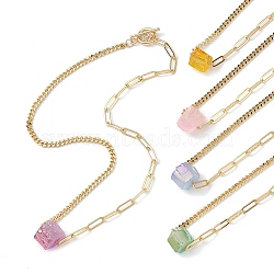 Electroplated Natural Quartz Hexagon Prism Pendant Necklaces, Brass Paperclip Chain & Cuban Link Chain Necklaces, Golden, Mixed Color, 17.72 inch(45cm)(NJEW-JN04996)