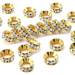 Brass Rhinestone Spacer Beads, Rondelle, White, Golden Metal Color,Size: about 13mm in diameter, 5mm thick, hole: 7mm(RSB094-1G)