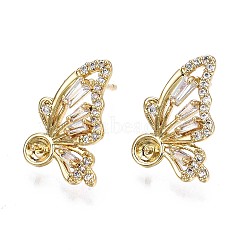 Brass Micro Pave Clear Cubic Zirconia Stud Earring Findings, Butterfly, Real 18K Gold Plated, 16.5x12mm, Pin: 0.6mm, pin: 0.9mm(for Half Drilled Bead).(KK-Q764-035B)