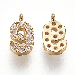 Brass Micro Pave Clear Cubic Zirconia Charms, Number, Golden, Num.9, 9.5~10x4~6.5x2mm, Hole: 0.8mm(ZIRC-L075-60A-09G)